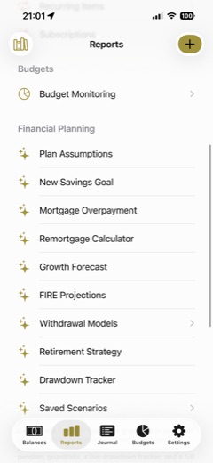 The Financial Planning section of Beanie Budgets Reports, listing Plan Assumptions, Mortgage Overpayment, Remortgage Calculator, Growth Forecast, FIRE Projections, Withdrawal Models, Retirement Strategy, Drawdown Tracker, and Saved Scenarios.