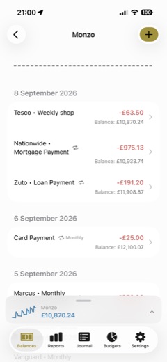 The Journal screen in Beanie Budgets, showing everyday transactions including a recurring mortgage payment split into principal and interest.